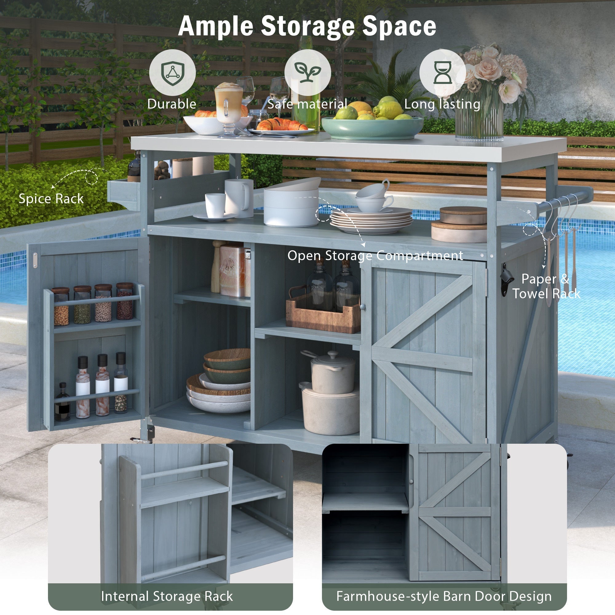 K&K Outdoor Kitchen Island, Rolling Bar Cart & Storage Cabinet