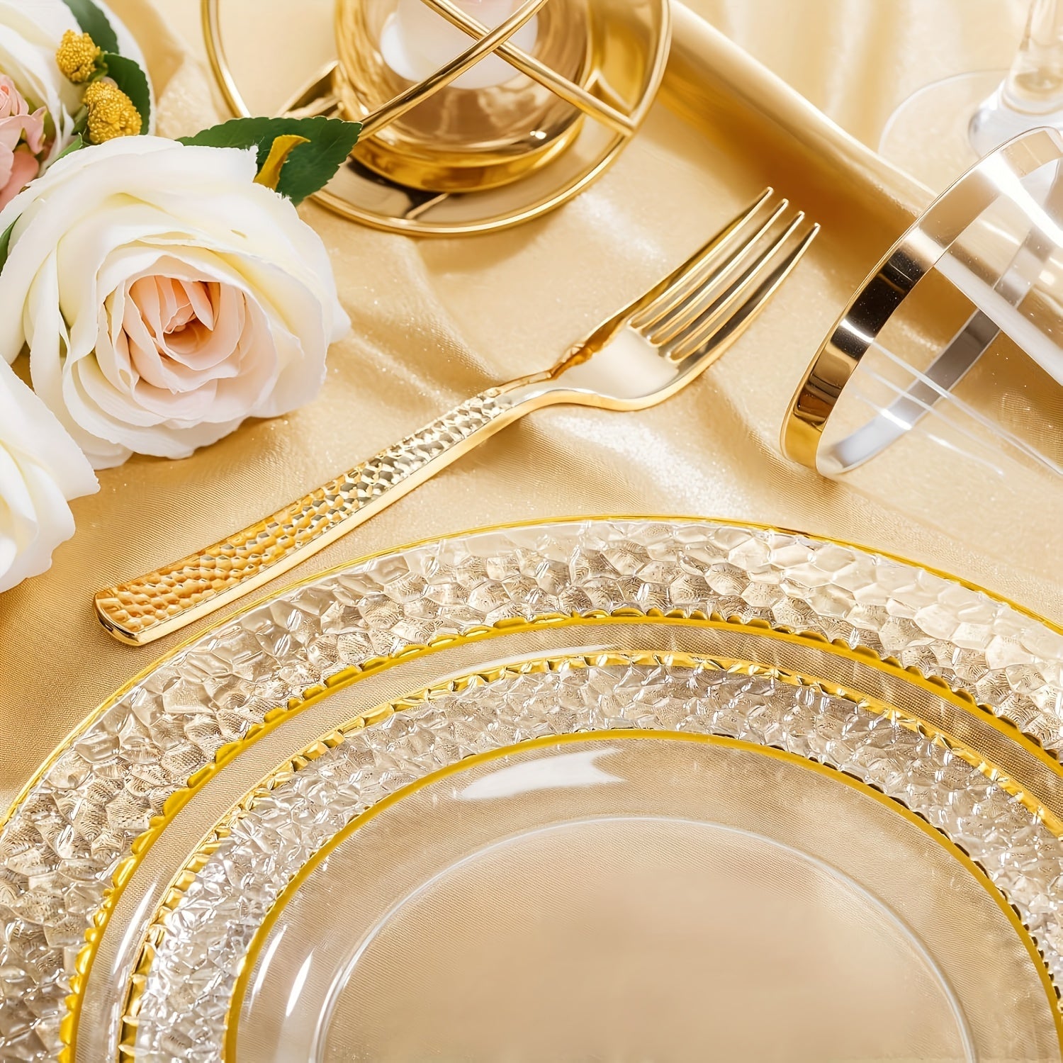 50PCS Clear Plastic Dinnerware Set Reusable Plates Cups Cutlery Wedding Party