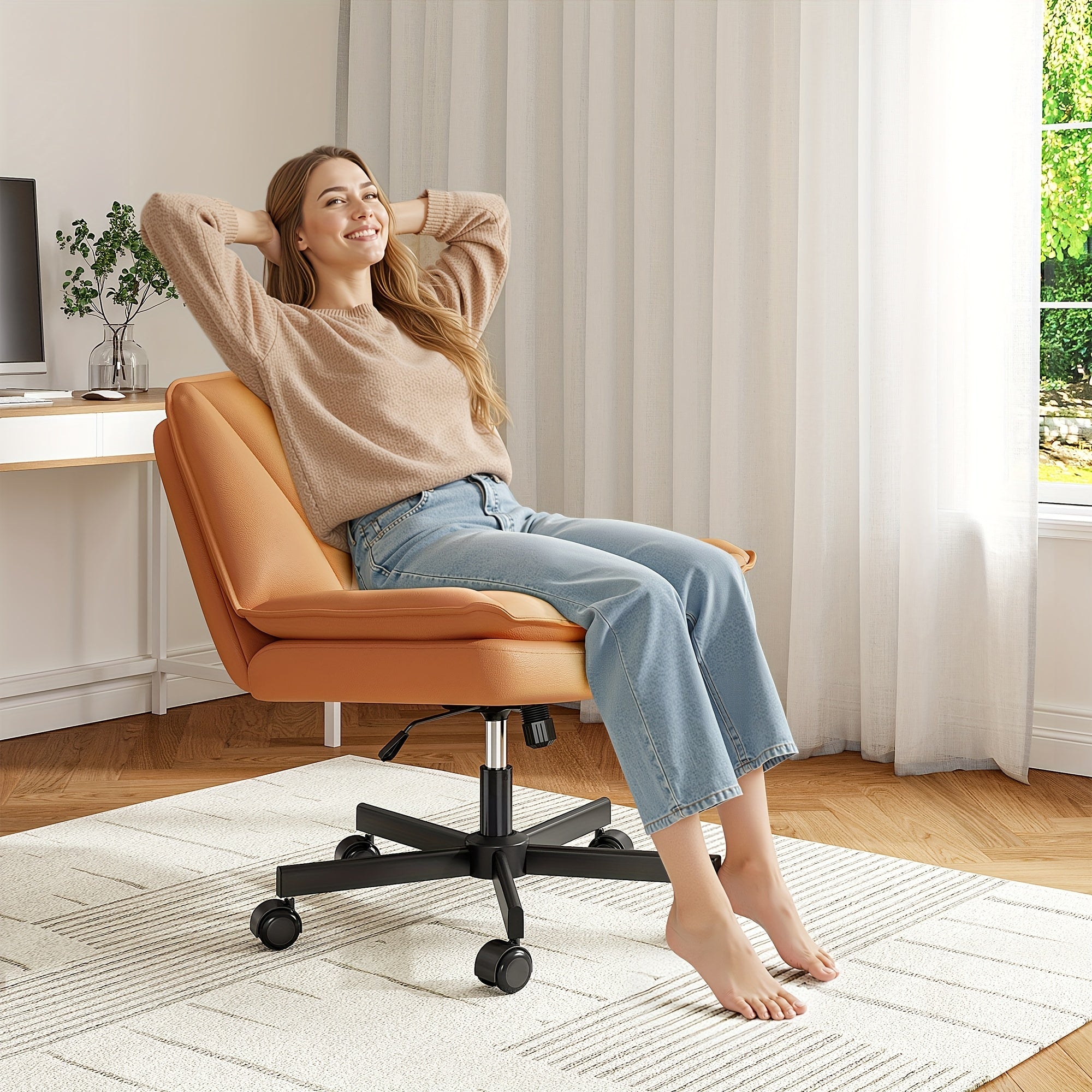 27" Wide Criss Cross Office Chair with Wheels – Adjustable Swivel Armless Vanity Desk Chair with Back Support