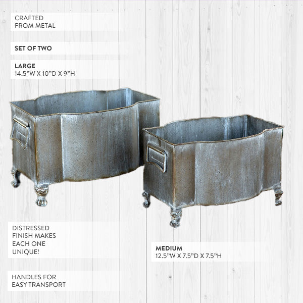 Aged Metal Footed Planters, Set of Two