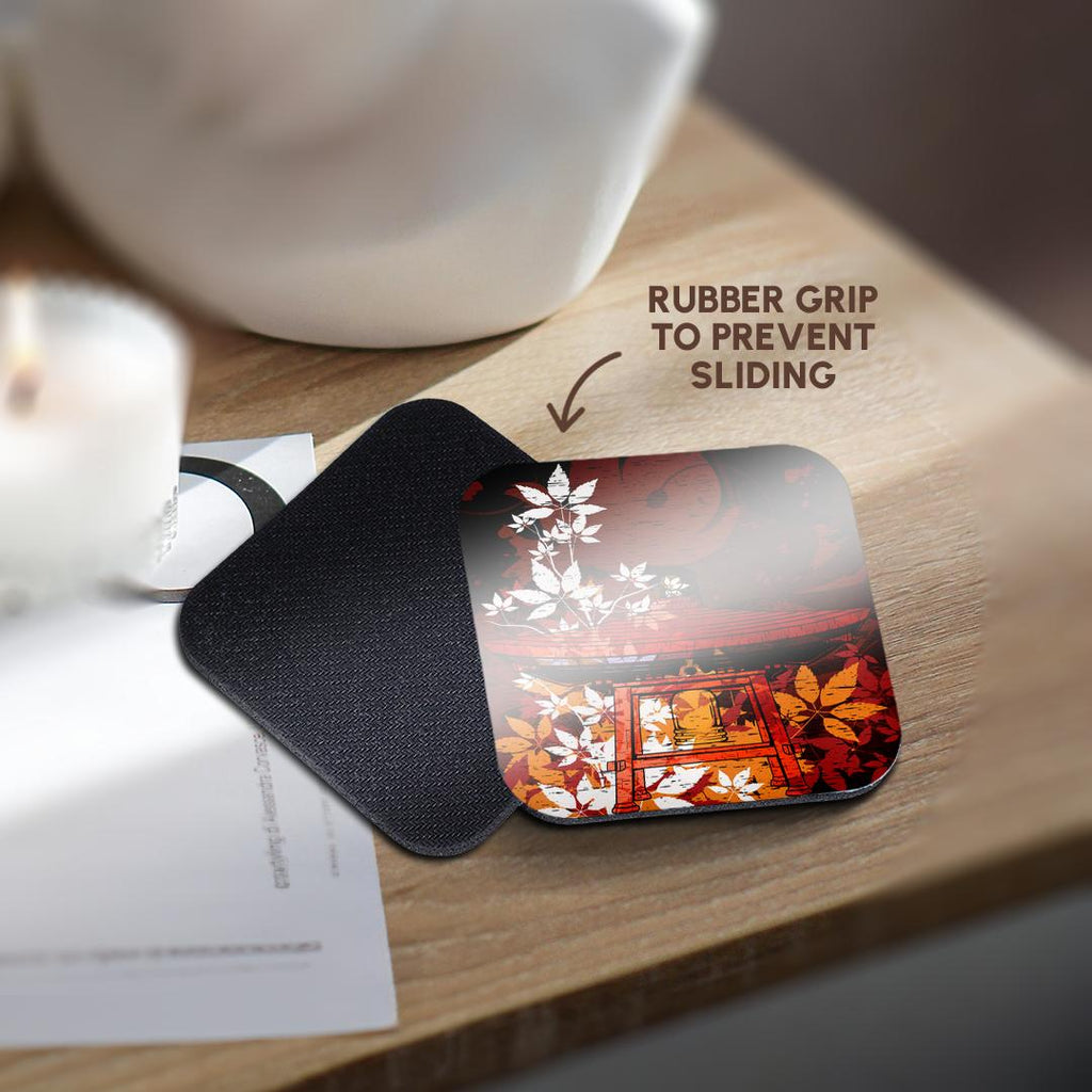 3dRose Dooni Designs Oriental Inspired Designs - Pretty Ornate Japanese Bell Gong Decorated with Foliage Asian Oriental Art - Coasters (CST_116381)