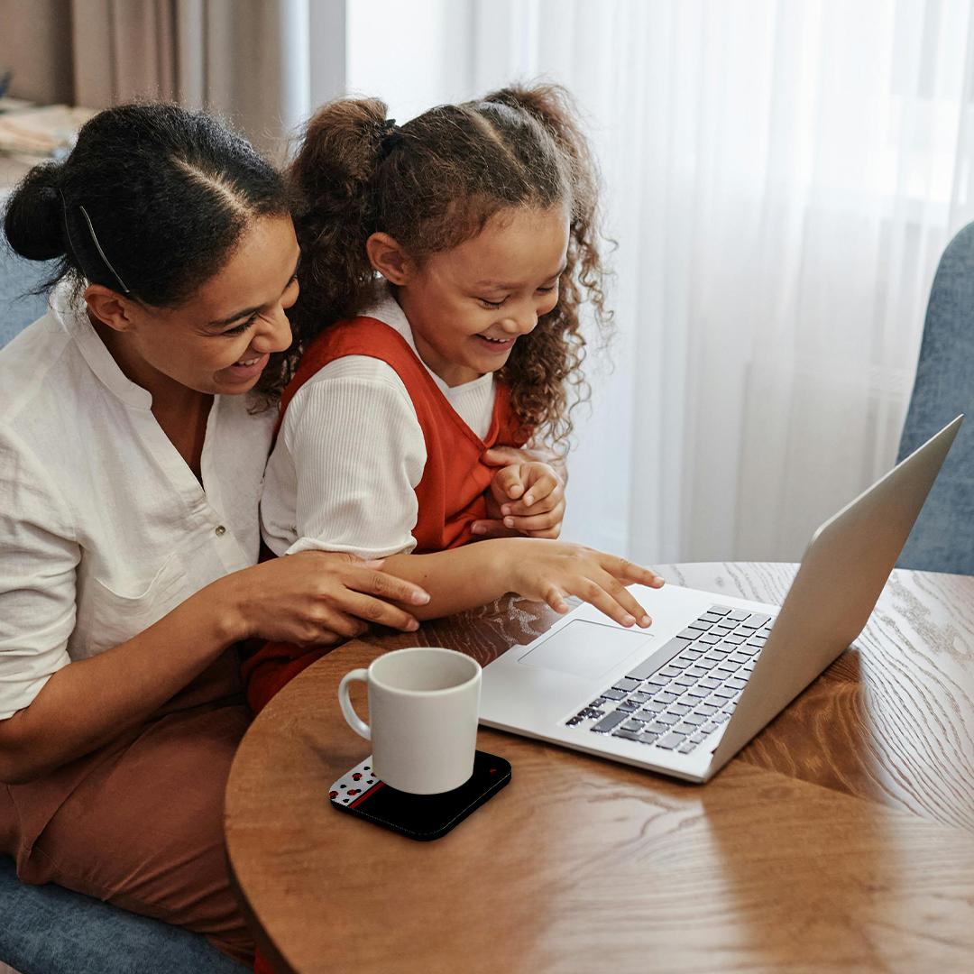 3dRose Charlyn Woodruff - CW Designs Whimsical Collection - Cute Red Black Ladybugs Floating Hearts Red Ribbon - Coasters (CST_155266)